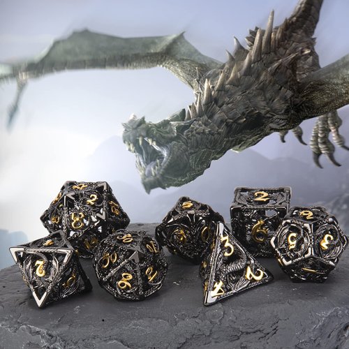 DND Dice,Hollow D&D Metal Dice,Dungeons and Dragons Dice Set with Gift Box,7 PCs Steampunk Polyhedral Dice Games Set for RPG,MTG,Pathfinder, (Dragon Black Golden)