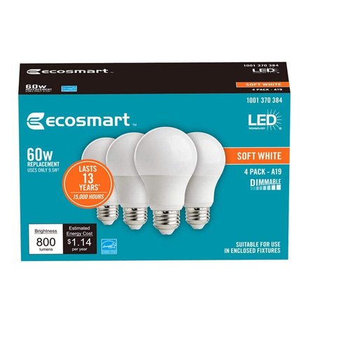 EcoSmart 60W Equivalent Soft White A19 Energy Star and Dimmable LED Light Bulb (4-Pack)