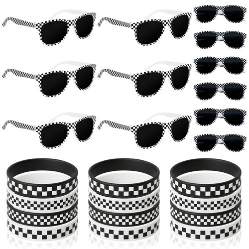 24 PCS Race Car Sunglasses Wristbands for Racing Theme Party Favors Set Race Car Checkered Sunglasses Black and White Checkered Rubber Bracelets for Summer Pool Racing Theme Birthday Gifts Supplies