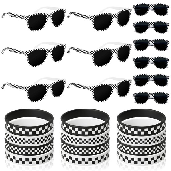 24 PCS Race Car Sunglasses Wristbands for Racing Theme Party Favors Set Race Car Checkered Sunglasses Black and White Checkered Rubber Bracelets for Summer Pool Racing Theme Birthday Gifts Supplies
