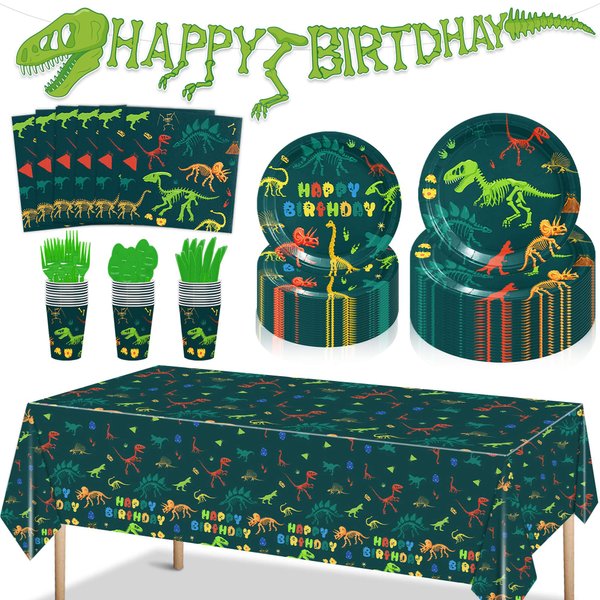 170Pcs Dinosaur Birthday Party Supplies - Including Tableware, Plates, Cups, Napkins, Tablecloths, Knives and Forks, Birthday Banners, Suitable for Decorating Dinosaur Birthday Parties for Children