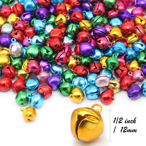 200pcs Jingle Bells 1/2 Inch Craft Bells Bulk DIY for Christmas Home and Pet Decorations (7 Color Random Color)
