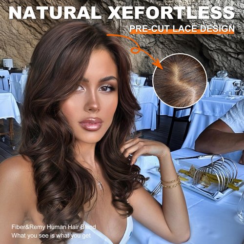 KOME Natural Brown 5×5 Synthetic Lace Front Wig,Body Wave Pre Plucked Ready to Wear Wigs,HD Glueless Lace Front Wigs for Women,Shoulder Length Fiber & Remy Human Hair Blend,Daily Use Hair Wig 22inch