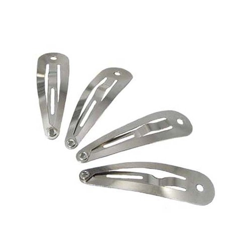 100 Snap Hair Clips - Silver Metal Tear Drop Shape with Hole - 30mm