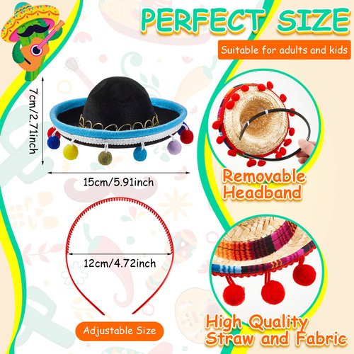 Jexine 48 Pcs Fiesta Party Favors Including 12 Mexican Sombrero Hats with Headband 12 Cinco De Mayo Necklaces 12 Fiesta Eyeglasses 12 Plastic Maracas for Fiesta(Mixed Styles)