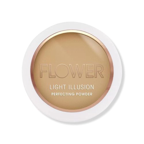 FLOWER Beauty By Drew Barrymore Light Illusion Perfecting Powder - Powder Foundation + Setting Powder for Makeup - Medium Buildable Coverage - Natural Glow + Flawless Finish - Mirror + Sponge Include d (Caramel)