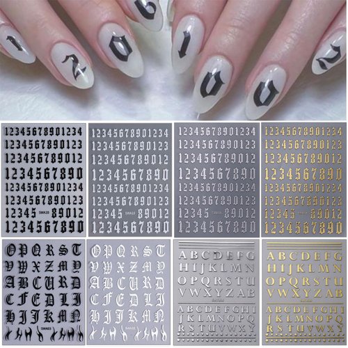 Number Nails Art Stickers Holographic Letter Nail Stickers Old English Alphabet Nail Decals Words Nail Design 3D Self-Adhesive Nail Art Supplies for DIY Women Girls Nail Decoration 8 Sheets