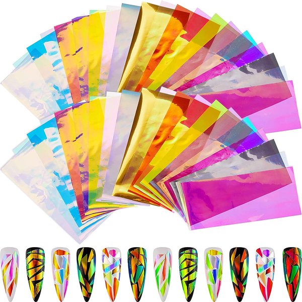 100 Pieces Iridescent Nail Art Glass Paper Cellophane Holographic DIY Mixed Colors Broken Glass Paper reflective Mirror Foils Nail Art Stickers Dichroic Film Designs