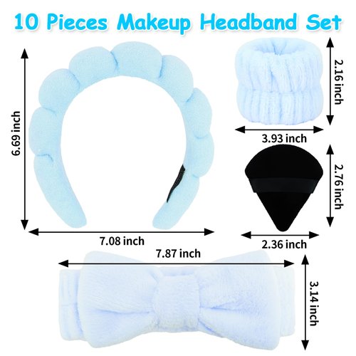 Ondder 10 Pcs Spa Headband and Wristband Set with Poder Puffs Spa Headband for Washing Face Makeup Headbands Blue Bubble Headband Skin Care Face Wash Sponge Puffy Head Bands Headband for Women Girls