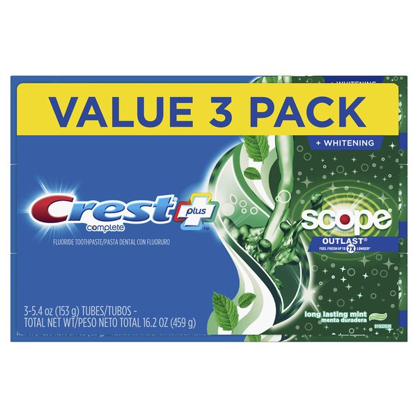 Crest Plus Scope Outlast Complete Whitening Toothpaste, Mint, 5.4 Ounce, 3 Count