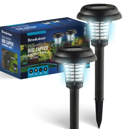 Brookstone Solar-Powered Bug Zapper and Pathway Light 2 Pack - Dual Function LED Ambiance Light & High-Voltage Insect Killer - Safe, Eco-Friendly, Waterproof with Auto On/Off