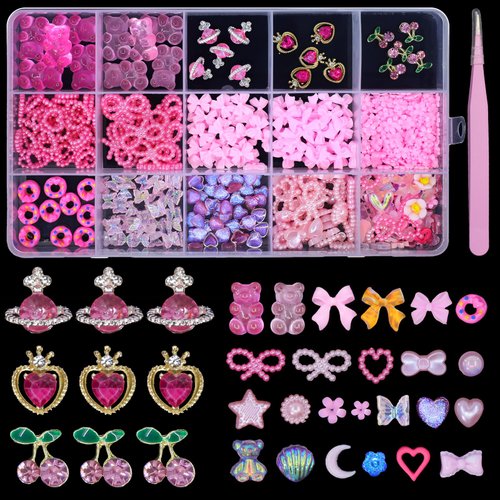 3D Assorted Pink Color Bear Candy Nail Charms Acrylic Heart Flower Bowknots Butterfly Nail Charms Alloy Planet Heart Cherry Nail Gems Charms Pearls Nail Charms for Nail Art DIY Accessories