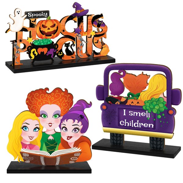 3 Pieces Hocus Pocus Halloween Table Sign Decorations, Halloween Witch Sisters Wooden Centerpiece Table Signs Truck I Smell Children for Kitchen Home Halloween Party Supplies
