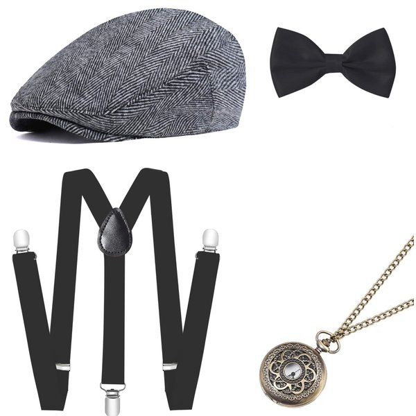 BABEYOND 1920s Mens Gatsby Gangster Costume Accessories Set 30s Manhattan Fedora Hat Suspenders