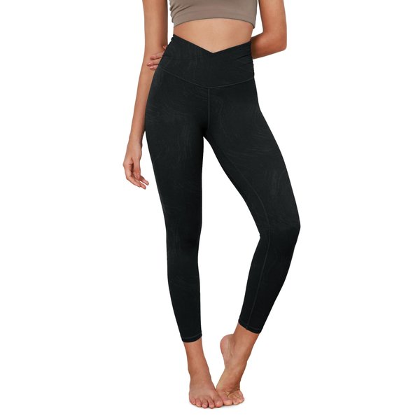 ODODOS Women's Cross Waist 7/8 Yoga Leggings with Inner Pocket, Inseam 25" Gathered Crossover Workout Yoga Pants, Wave Black, Medium