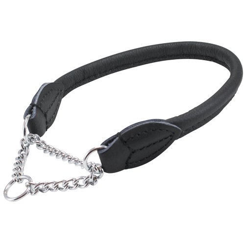 Rolled Genuine Leather Martingale Dog Collar Choker Black 7 Sizes (#3 - Neck Circumf.10.5"-12.25")