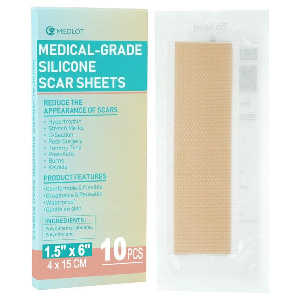 MEDLOT Silicone Scar Sheets, 10pcs, Silicone Tape for Scar Treatment, Reusable Scar Strips for Surgical, C-Section, Keloid Bump, Stretch Marks, Burn, Acne Scar Removal, Each 1.5” x 6”
