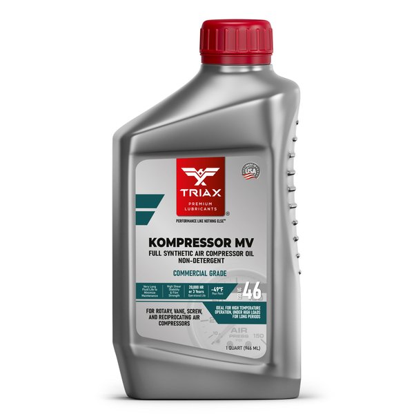 TRIAX Kompressor MV ISO 46 (SAE 20), Full Synthetic Air Compressor Oil, Non-Detergent, Rotary, Vane, Screw, Reciprocal, High Temp, 20,000 Hour Life (1 Quart)