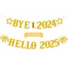 Giflloon Bye 2024 Hello 2025 Banner, No DIY Glitter Happy New Year Banner for Happy New Year Decorations 2025, New Year Eve Party Supplies 2025, Gold