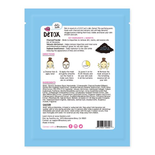 FACETORY Let's Talk, Detox Purifying Sheet Mask with Charcoal and Volcanic Ash - For All Skin Types - Detoxifying, Soothing, and Purifying (Pack of 10)