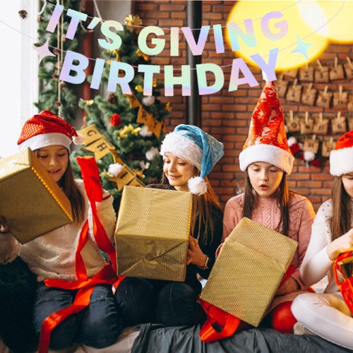 Pre-Strung It's Giving Birthday Banner -8.2 Feet Sparkle Iridescent Banner Fun Birthday Party Decorations Birthday Banner Sign 21st Bday Supplies Holographic Glitter Garland Decor No DIY