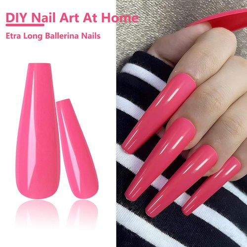 AddFavor Long Press on Nails Full Cover Extra Long XXXL Glossy Hot Pink Coffin Press on Fake Nails Acrylic Artificial False Nail Tips 12 Sizes 120pcs for Women Nail Art