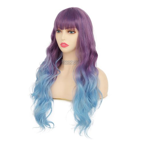 Tseses Purple to Blue Long Curly Wigs for Women Ombre Blue Synthetic Hair Natural Looking Wavy Wig (Purple/Blue)