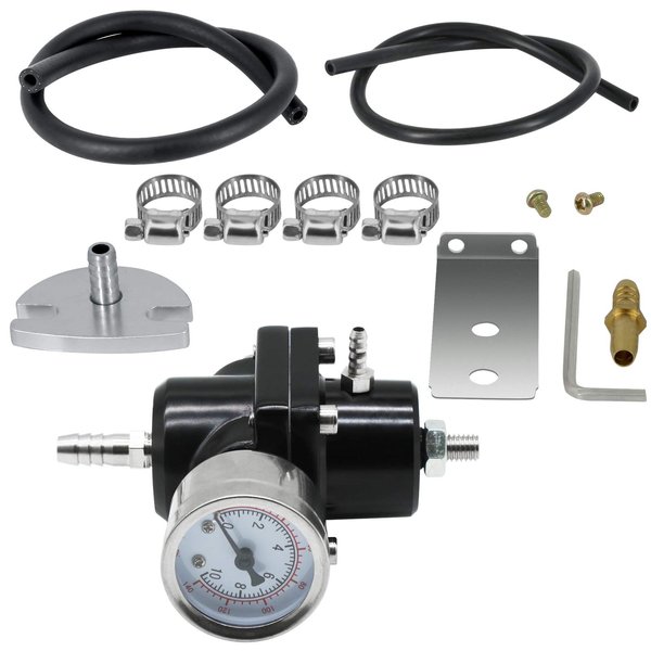 Universal Adjustable Fuel Pressure Regulator Kit Aluminum Gas Oil Injection Pressure Regulator with 0-140 PSI Gauge, AN6-6AN Fuel Line Hoses, Install Tool Accessories (Black)