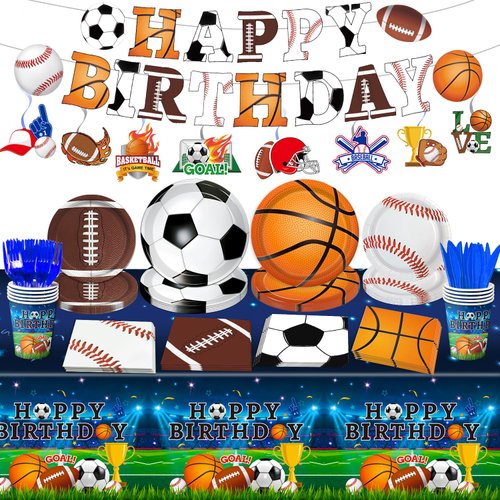 143 PCS Sports Birthday Party Decorations - Includes Plates, Napkins, Cups, Banner, Hanging Swirl, Tablecloth, Knives, Forks for Sports Themed Party Decorations, Serve 20