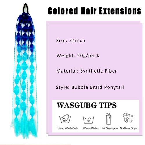 Colored Bubble Ponytail Extension with Hair Tie Long Colored Hair Extensions for Girls Crazy Hair Accessories for Women for Festival Rave (Blue to Light Blue, 24 Inch (Pack of 1))