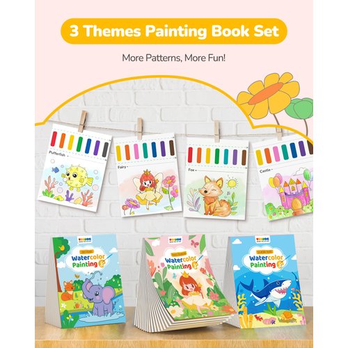 TECJOE 3 Pack Paint with Water Coloring Books for Toddlers, Watercolor Paint Set with 6 Brushes, Painting Activity for Kids Ages 4 5 6 7 8, Christmas Gift Arts & Crafts Toy, Princess, Forest & Sea