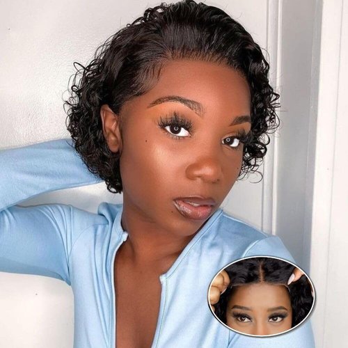 Edwad 4x4 Pixie Cut Wig Human Hair Gluelss Short Curly HD Lace Closure Human Hair Wigs Pre Plucked Pre Cut Wear and Go Wigs for Women 180% Density Natural Color with Baby Hair