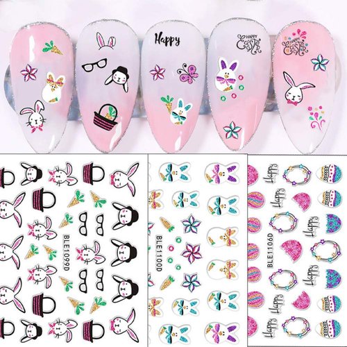 Easter Nail Art Stickers Bunny Design Nail Decals 3D Self-Adhesive Nail Stickers Easter Eggs Rabbits Chick Nail Decorations for Women Kids Girls (12 Sheets)