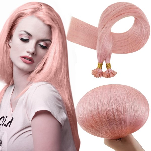 RUNATURE U Tip Hair Extensions 18 Inch Real Human Hair Pink Nail Tip Hair Extensions Highlighted Pre Bonded U Tip Hair Extensions Colorful Natural for Women 25g 25 Strands