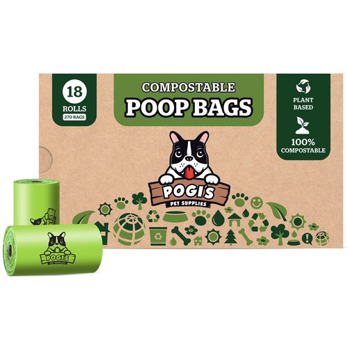 Pogi's Compostable Dog Poop Bags - 18 Rolls (270 Doggie Poop Bags) - Leak-Proof Dog Waste Bags, Plant-based ASTM D6400, EN 13432 Certified Extra Large Poop Bags for Dogs