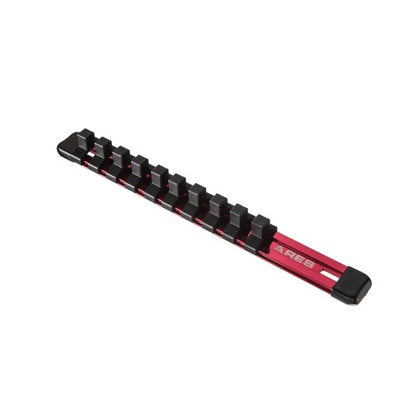 ARES 70135-3/8-Inch Drive Red 9.84-Inch Aluminum Socket Organizer - Store up to 10 Sockets and Keep Your Tool Box Organized - Sockets Will Not Fall Off this Rail