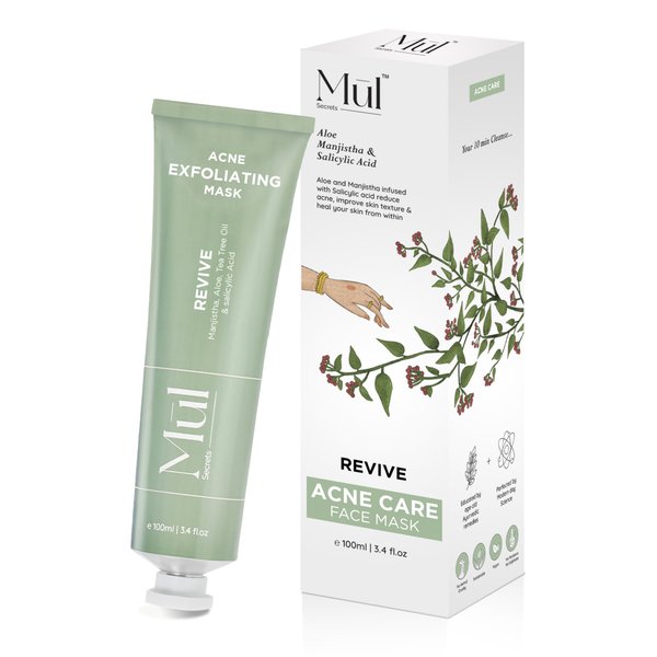 Mul Secrets Revive Exfoliating Acne Face Mask & Scrub 3.4 fl.oz - Sebum Rebalancing Mask with 2% Salicylic Acid, Manjistha & Aloe Vera - Treats Acne Prone Skin - Perfect for Oily, Combination Skin