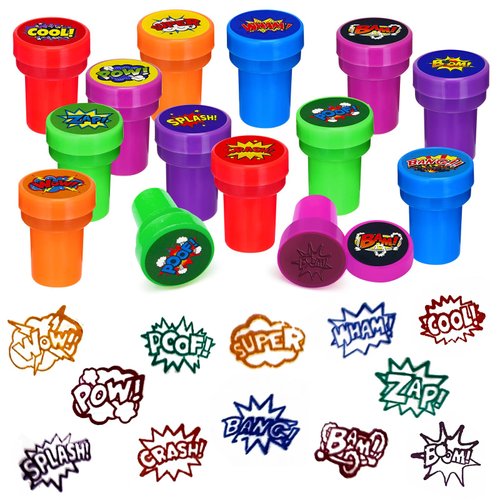 Cinrobiye 24 Pcs Hero Party Stampers for Boys Girls,Hero Comic Zap Wow Boom Birthday Party Supplies Favors, Classroom Rewards Carnival Prizes, Goodie Bag Pinata Fillers for Hero Theme Party