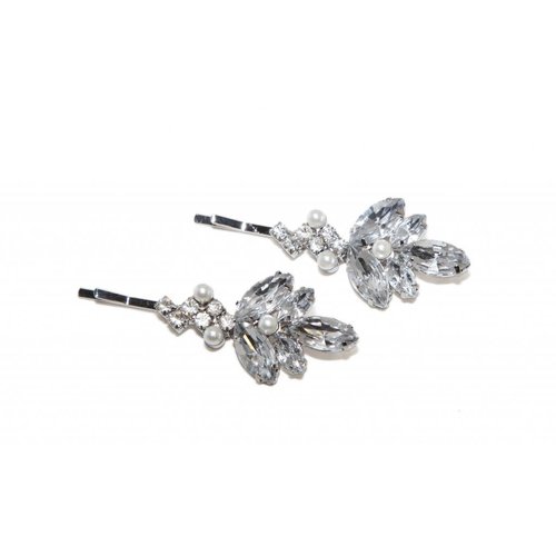 Lux Accessories Clear Flower Bridal Pave Faux Pearl Hair Clip Bobby Pin (2pc)