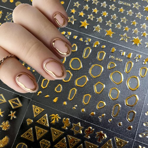 30 Sheets Gold Nail Stickers for Nail Art French Tip Line Nail Art Stickers 3D Self-Adhesive Gold Geometric Line Star Letter Nail Decal for Women Manicure Tips