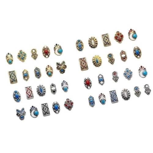 Retro Turquoise Totem Flower 3D Alloy Nail Art Mix Color Nail Charms, DIY Nail Art Decorations 50pcs