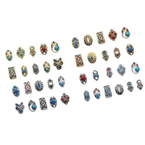 Retro Turquoise Totem Flower 3D Alloy Nail Art Mix Color Nail Charms, DIY Nail Art Decorations 50pcs