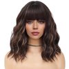 BEAUTIFA Brown Mix Blonde Wig with Bangs for Women 14 Inch Shoulder Length Short Bob Wavy Curly Wig Brown Mix Blonde Wig Heat Resistant Synthetic Wigs