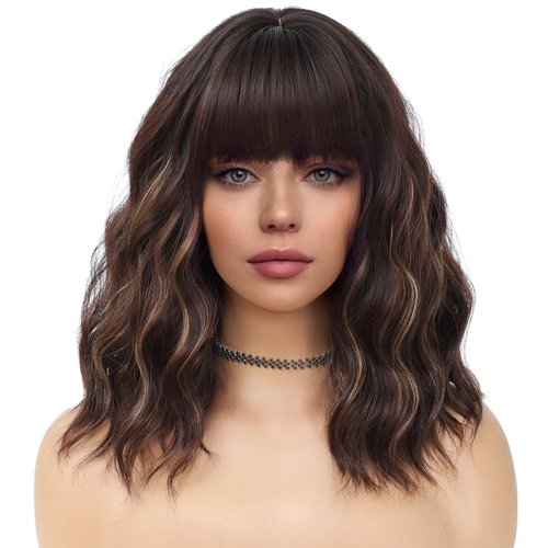 BEAUTIFA Brown Mix Blonde Wig with Bangs for Women 14 Inch Shoulder Length Short Bob Wavy Curly Wig Brown Mix Blonde Wig Heat Resistant Synthetic Wigs