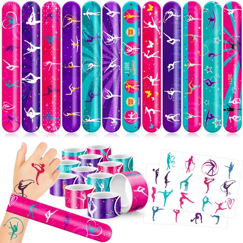 48PCS Gymnastics Party Favors 24PCS Tattoos 24PCS Slap Bracelets Wristbands Themed Birthdays Party Supplies Decorations Decor Pattern Girls Boys Gifts School Classroom Prize Carnival Christmas Reward