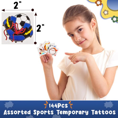 144Pcs Assorted Sports Temporary Tattoos – Forest & Twelfth 2” Waterproof Fake Tattoos for Kids, Baseball, Basketball, Football, Soccer Tattoo Stickers, Great for Sports Events or as Party Favors