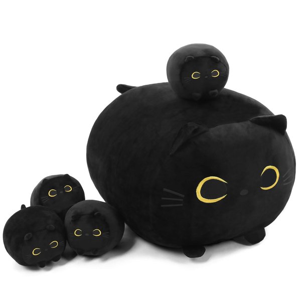 TOYSYM Black Cat Stuffed Animal Mommy Cat Plush Toys with 4 Squishy Baby Black Cat in her Tummy Soft Cute Hugging Pillows for Boys and Girls