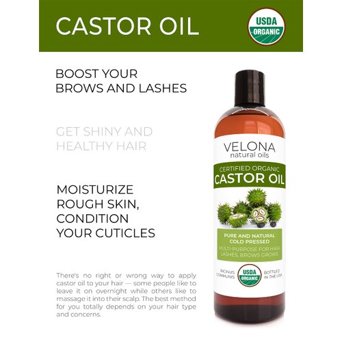 velona USDA Certified Organic Castor Oil - 16 oz (With Pump) | For Hair Growth, Boost Eyelashes, Eyebrows | Cold pressed, Natural Oil, USP Grade | Hexane Free, Lash Serum, Caster