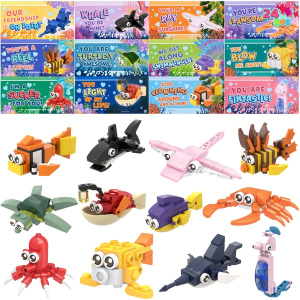 JOYIN 24 Packs Valentines Day Cards with Ocean Animal Building Block for Valentine Party Gifts, Kids Classroom Exchange, Prize Supplies, School Rewards, Valentine's Day Gift Cards for Kids