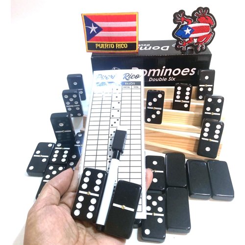 Puerto Rico Dominoes Adult Size Solid Black Puerto Rican Double six Domino Set - Full Game with Reusable Score Pad and Wooden Racks - Perfect for Family Fun!